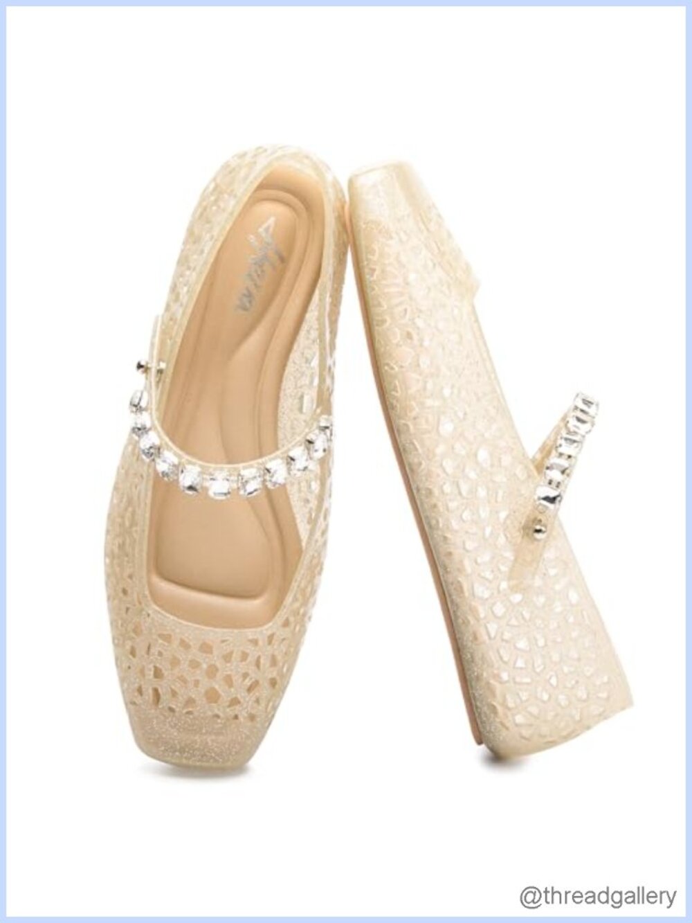 Women's Jelly Flat Sandals Square Toe Rhinestone Buckle Casual